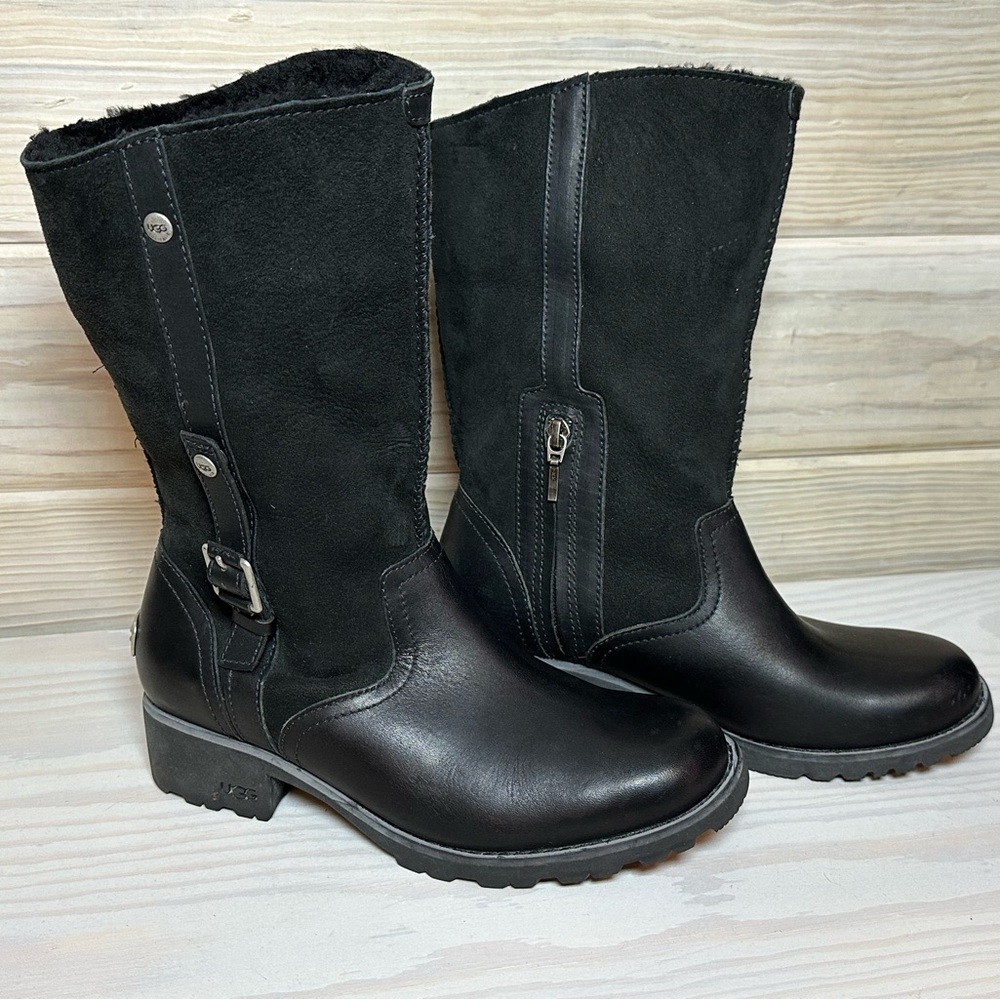 UGG Bellevue Black Sheepskin Shearling Convertible Motorcycle Boot Size 7